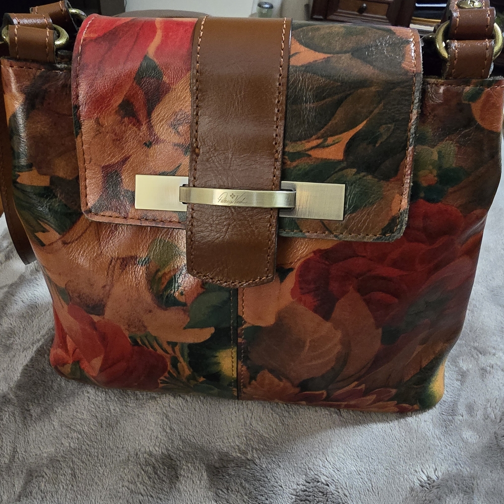Patricia Nash Floral Leather Shoulder Bag in Brown, Red and Green